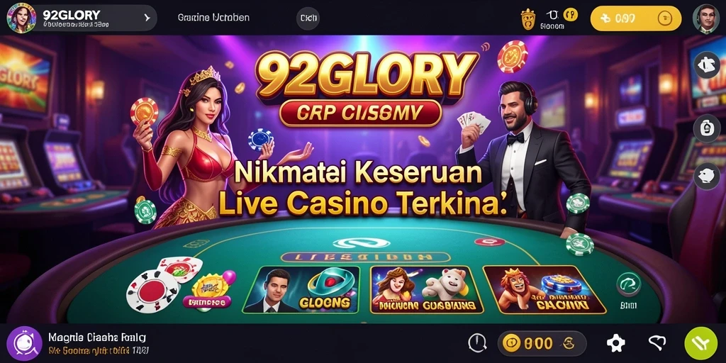 Screenshot utama 92GLORY menampilkan dealer langsung dan suasana permainan yang menarik.