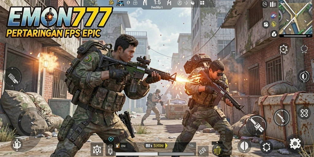 Screenshot gameplay EMON777 yang menunjukkan aksi tembak-menembak yang intens.