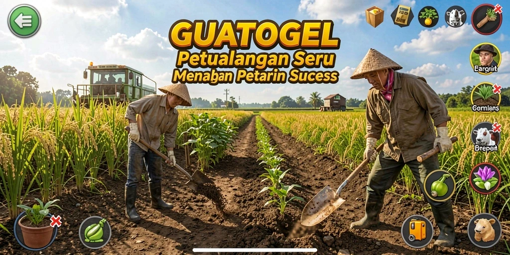 Tampilan screenshot GUATOGEL yang menampilkan aktivitas bertani di ladang.