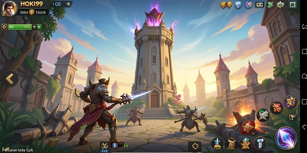 Screenshot gameplay HOKI99 menampilkan serangan menara yang epik.