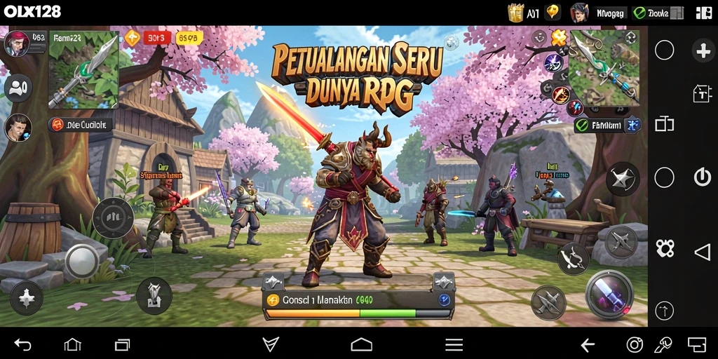 Tangkapan layar gameplay OLX128 dengan aksi pertempuran seru di dunia RPG.